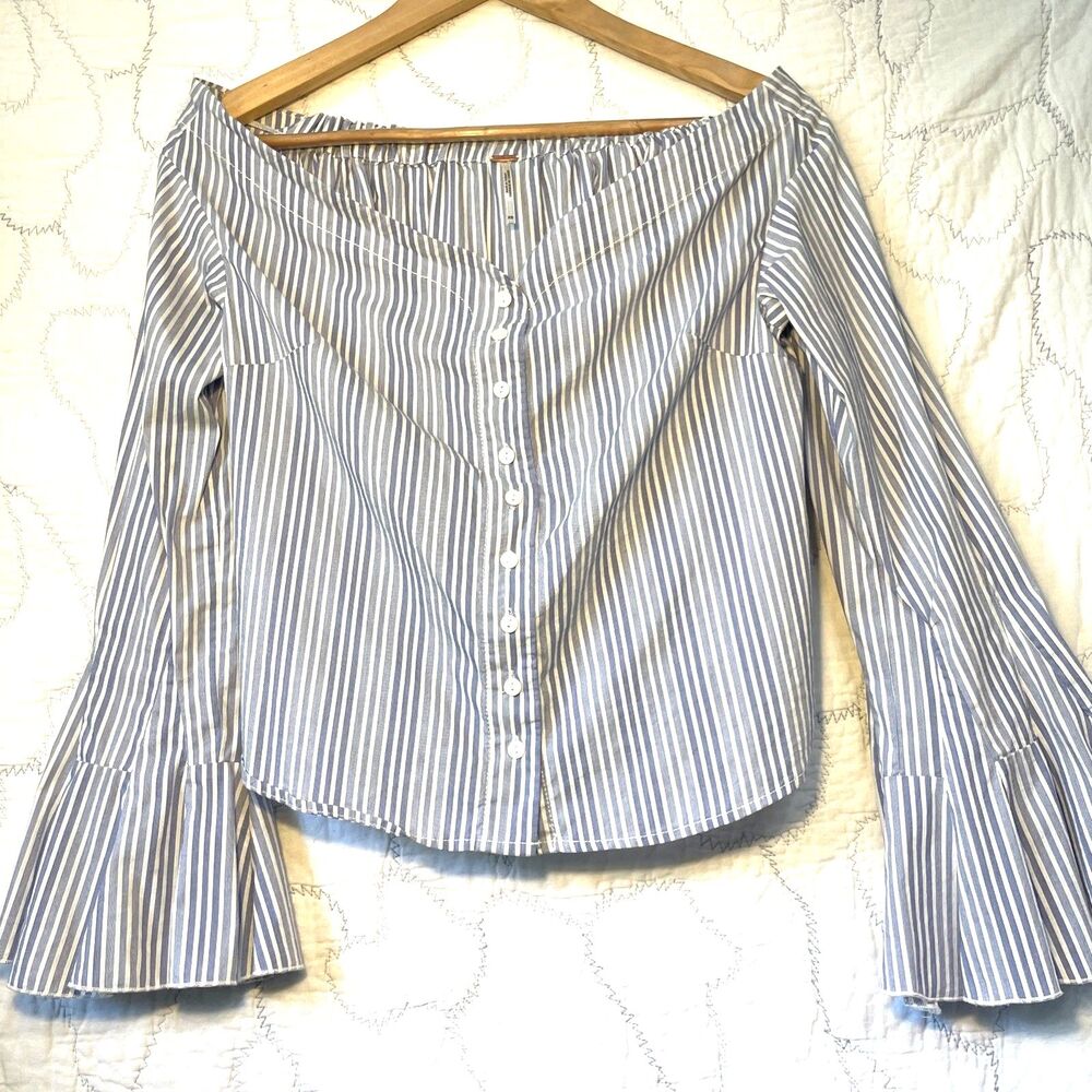 Free People NWOT XS Off The Shoulder Striped Blouse Bell Sleeves Blue White